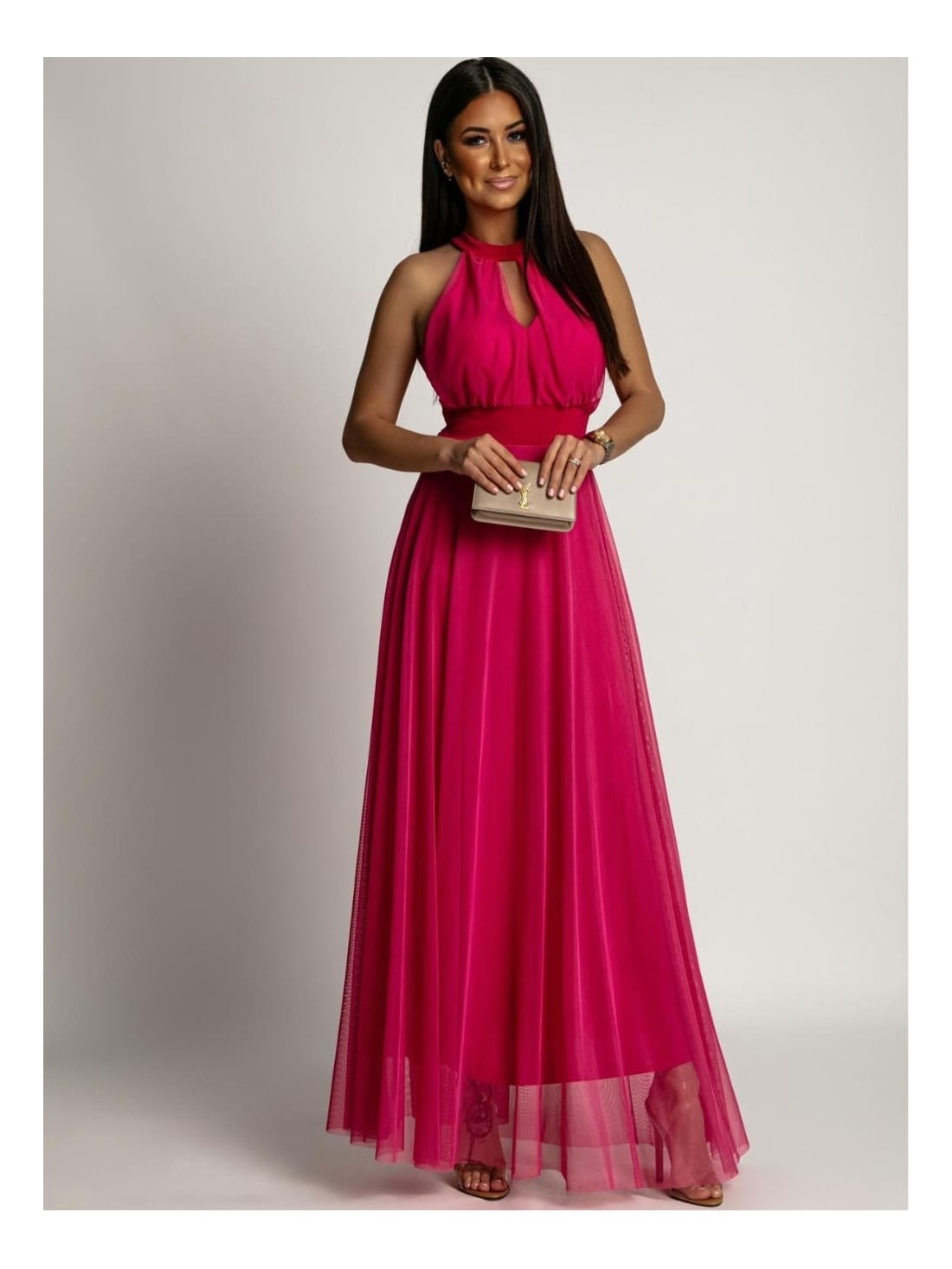 Elegant dress with tulle bottom, dark pink AZR156